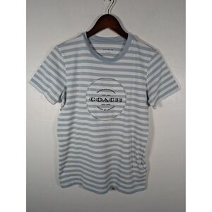 Coach Shirt Womens XS Blue White Striped Embroidered Logo Cotton Crewneck C3667